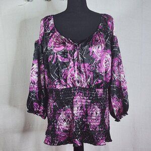 Blue Diamond Plus Black Purple Abstract Rose Tulip Hemline Ruched Bodice Top 2X